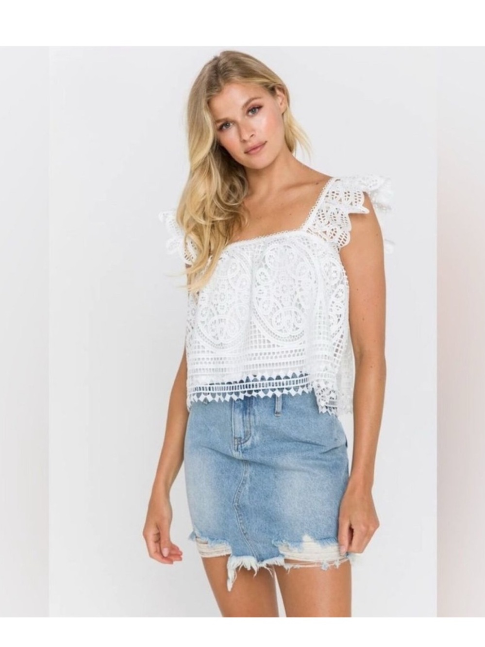 Endless Rose white flounce Boho lace top Embroidery Trim Baby Doll Crop Top XS